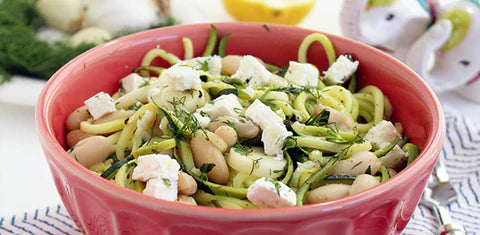 Zucchini Pasta with Cannellini Beans, Hearts of Palm and Feta